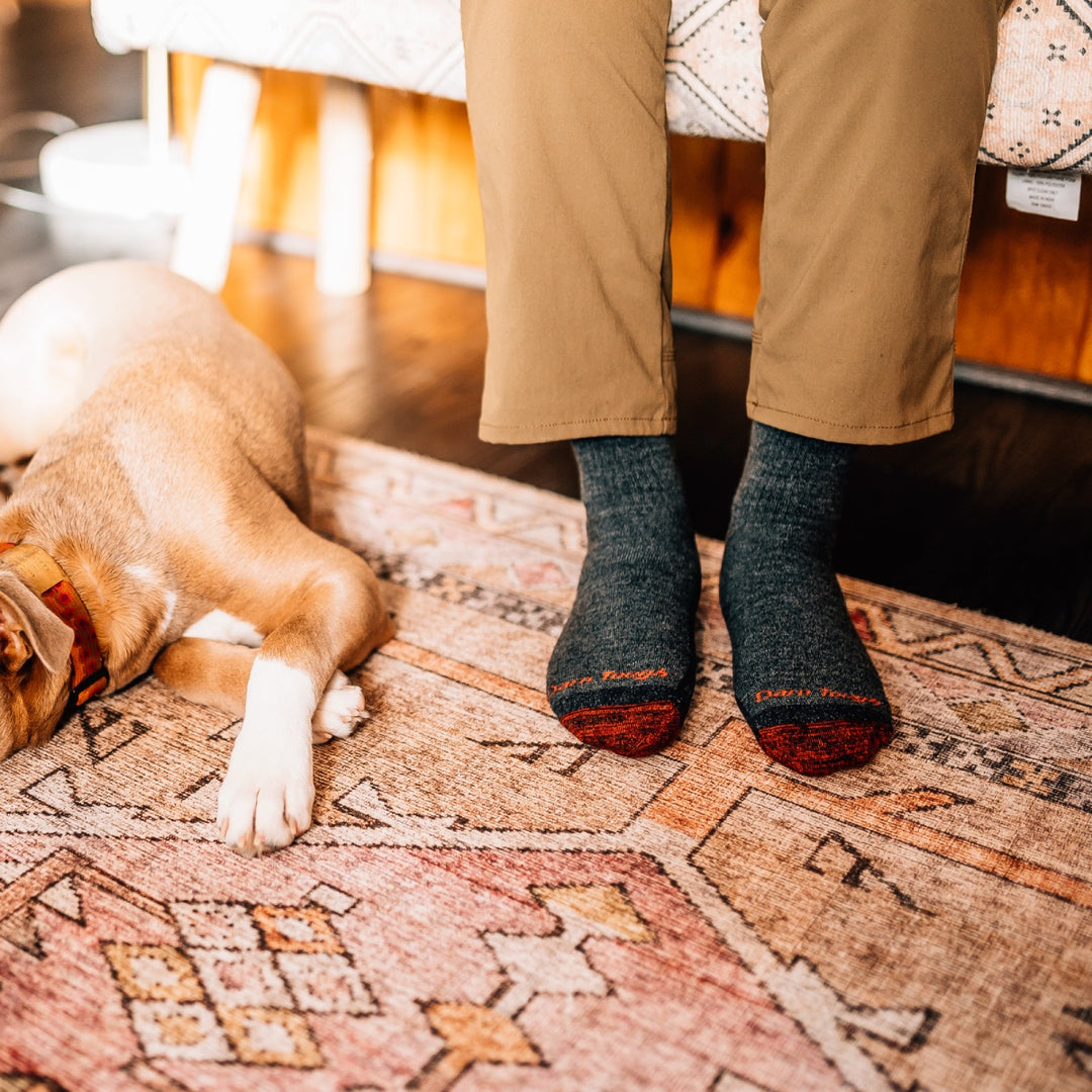 Big feet wearing big socks, on the ground next to cute dog and his big paws