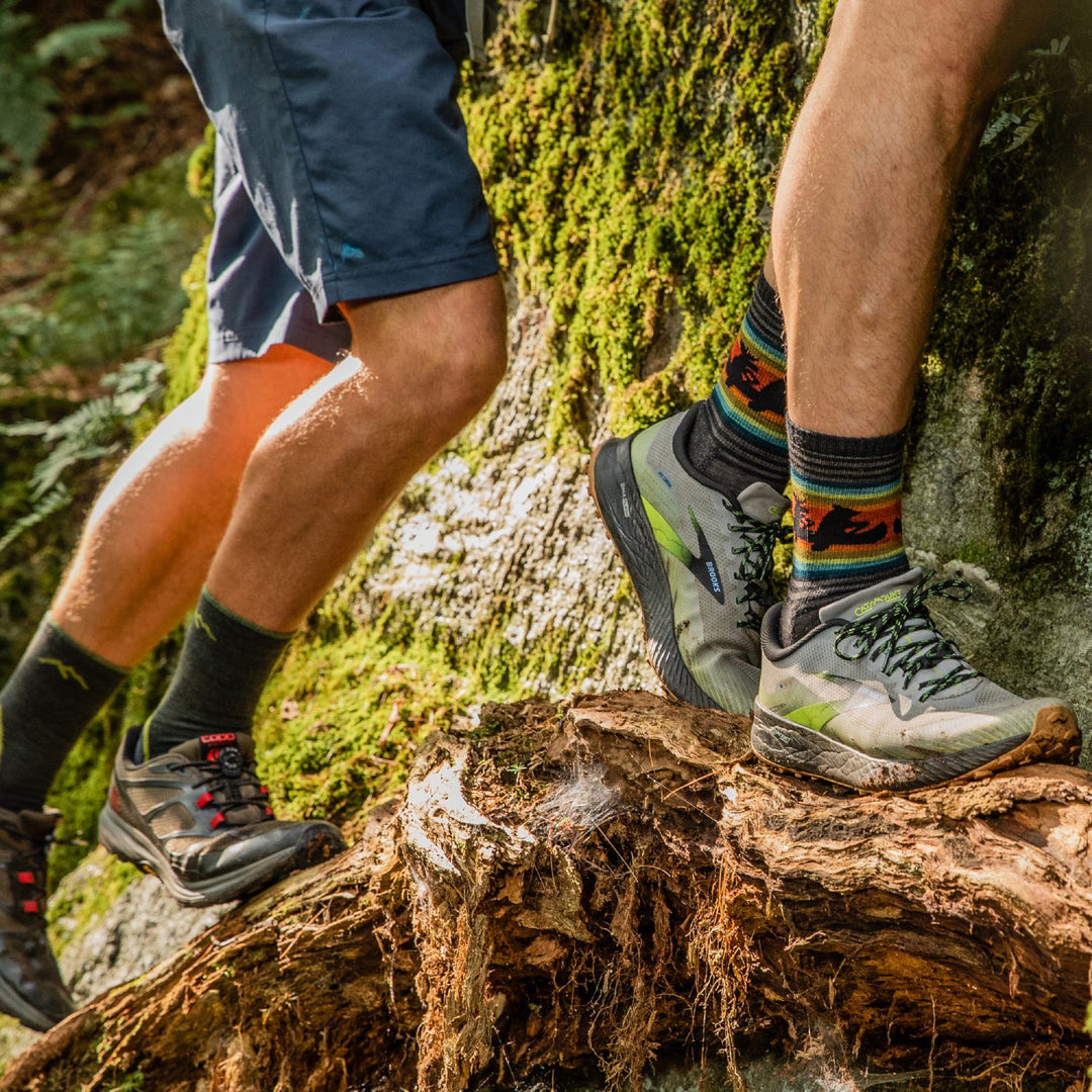 Two hikers heading up the trail wearing darn tough hiking socks