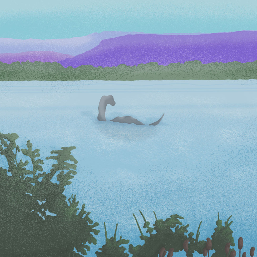 Illustration of Champ the lake monster swimming on Lake Champlain