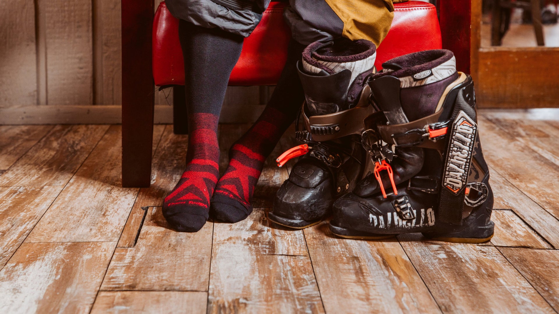Up close on model Featuring our Over the calf ski and snowboard socks in boots