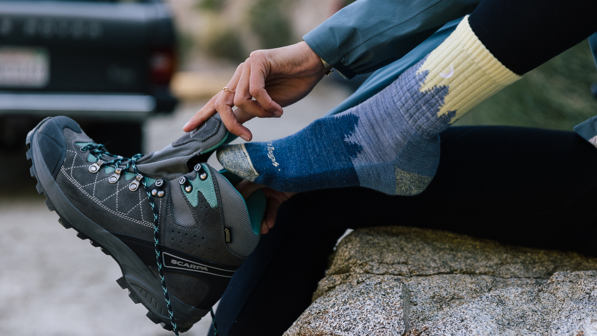 Close up on model featuring Women's Treeline Micro crew hiking sock