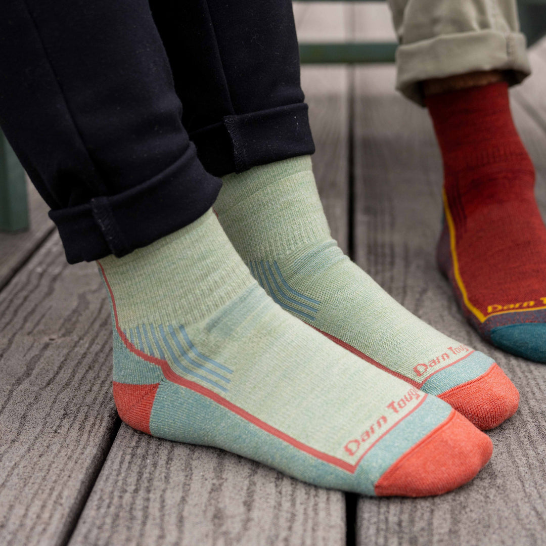 on model image of feet on a wood deck wearing the 5258 quarter hiker in mint