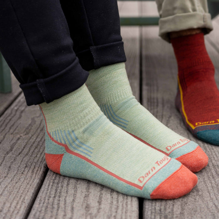 on model image of feet on a wood deck wearing the 5258 quarter hiker in mint