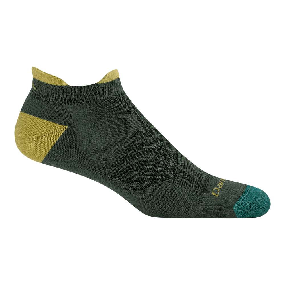 1039 ultra-lightweight no show run in forest colorway featuring a forest green body teal toe and yellow heel/tab/logo