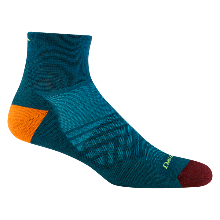 1040 men's quarter running sock in dark teal with burgundy toe and orange heel accents