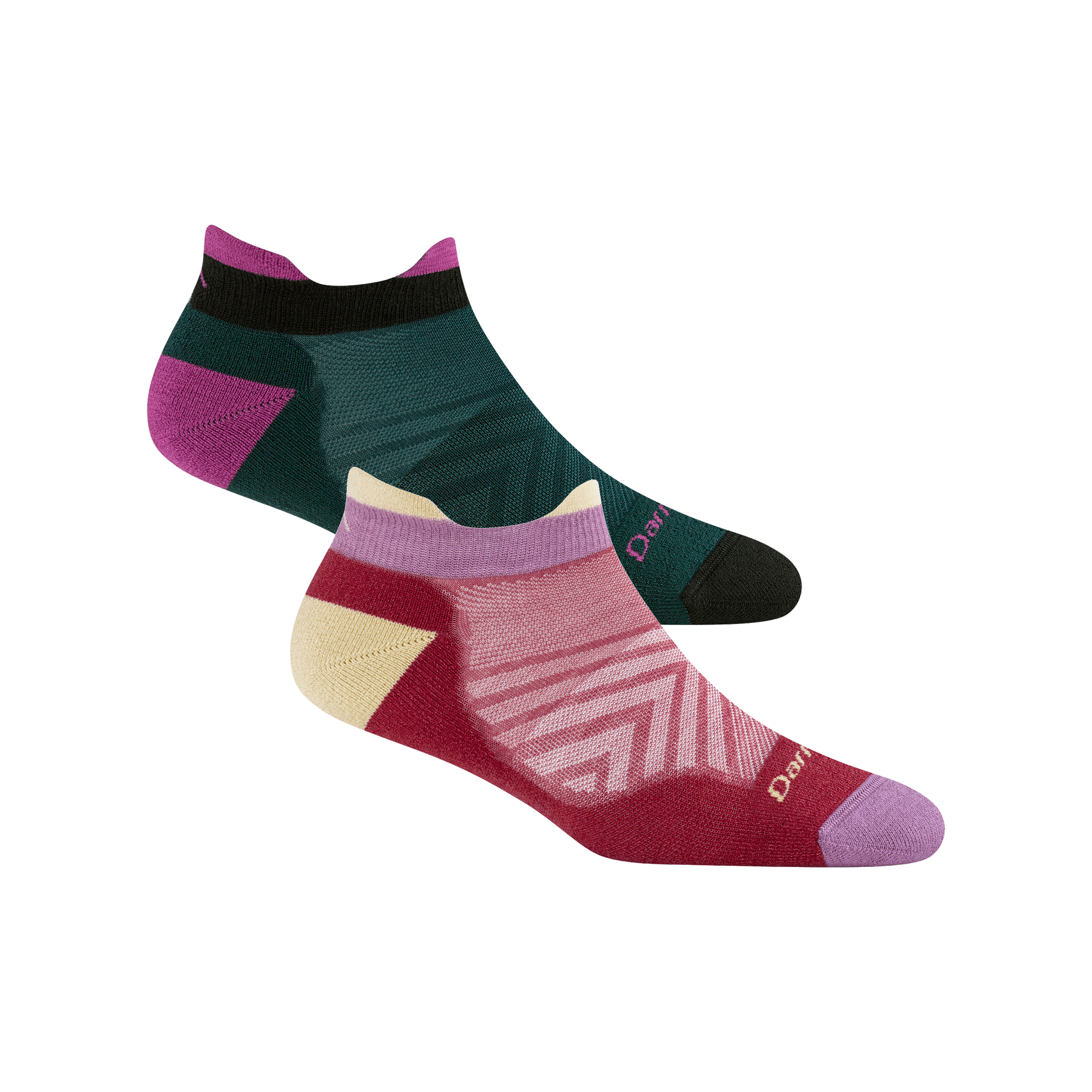 Bundle image of two 1047 No show run socks in pine and cranberry
