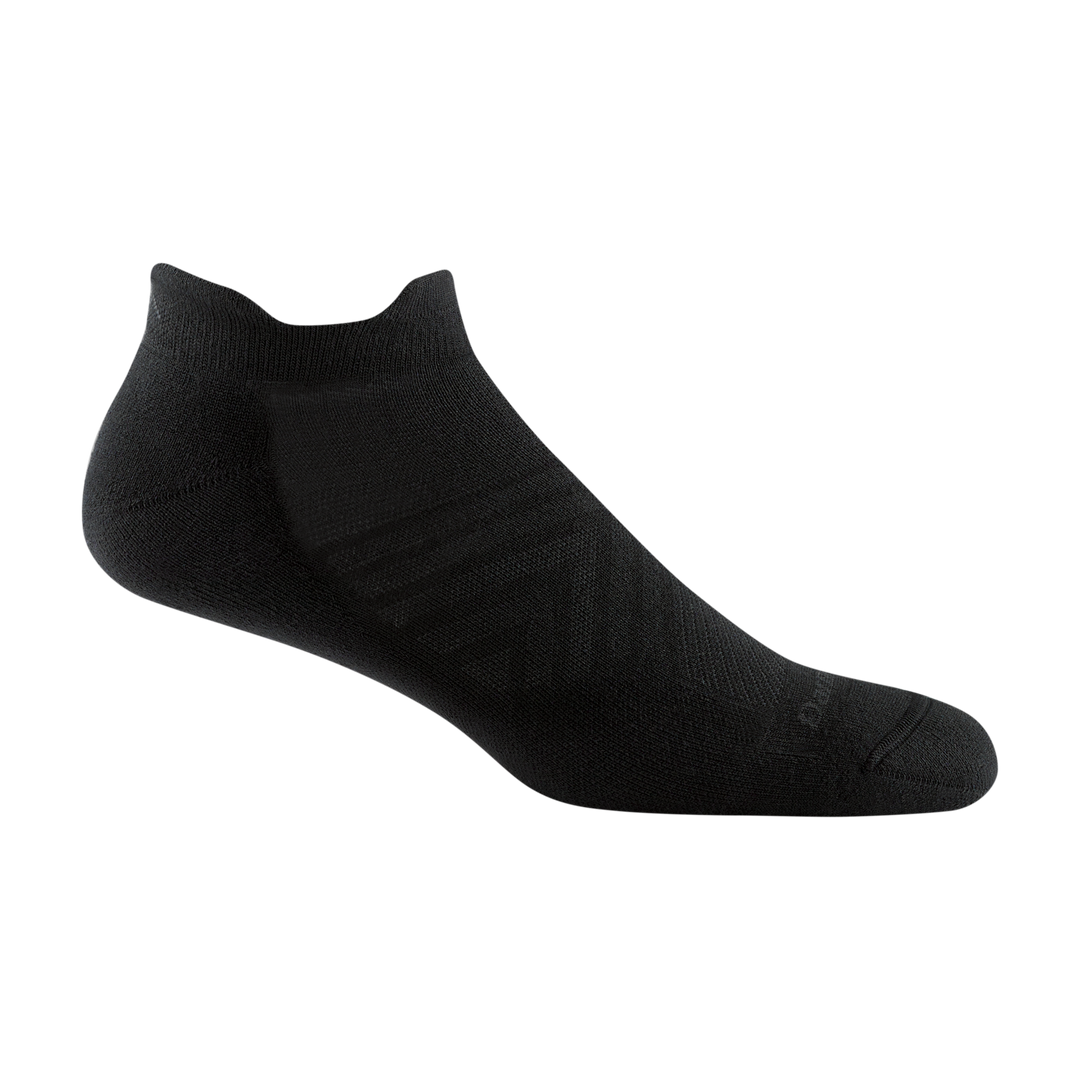 1054 men's coolmax no show tab running sock in black with dark gray darn tough signature on forefoot