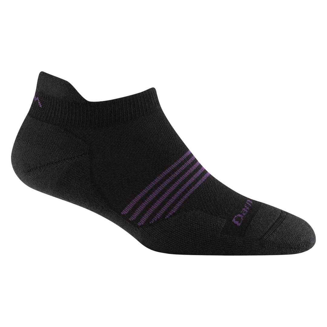 1112 women's element no show tab running sock in color black with purple forefoot striping