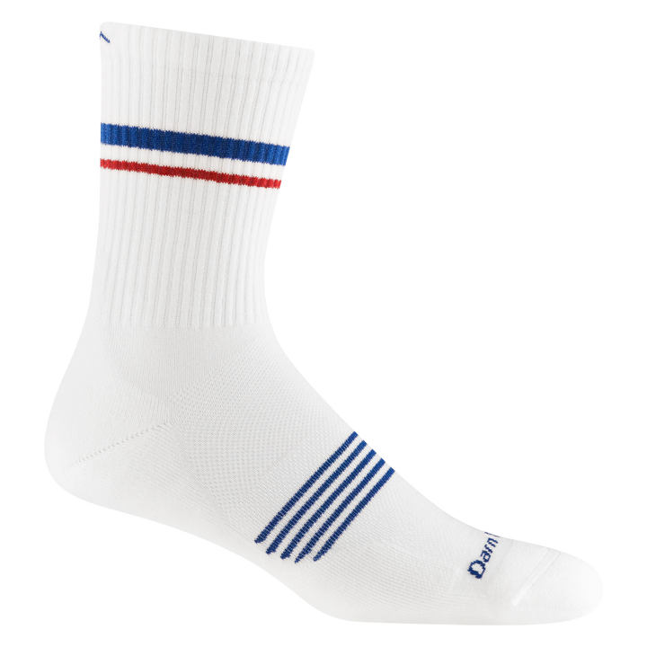 1118 men's element micro crew running sock in white with blue and red calf stripes, blue forefoot striping and darn tough signature