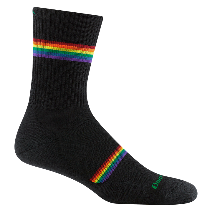 1119 men's prism micro crew running sock in black with rainbow forefoot and calf striping and green darn tough signature