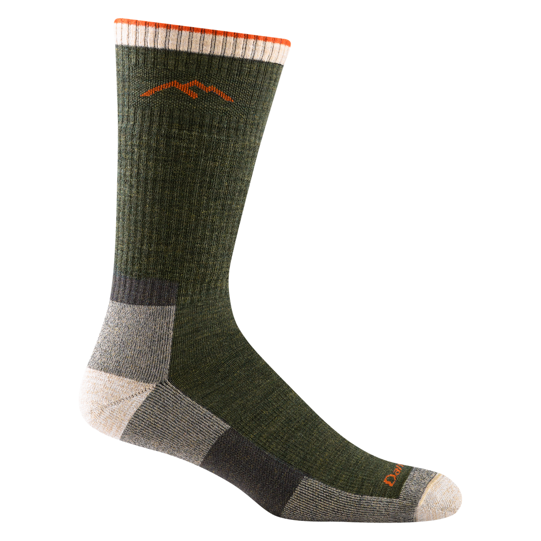 1403 men's hiking boot sock in color olive green with beige toe/heel accents and orange darn tough signature on forefoot