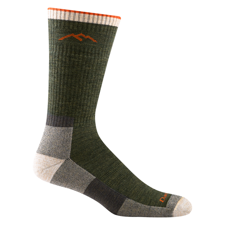 1403 men's hiking boot sock in color olive green with beige toe/heel accents and orange darn tough signature on forefoot
