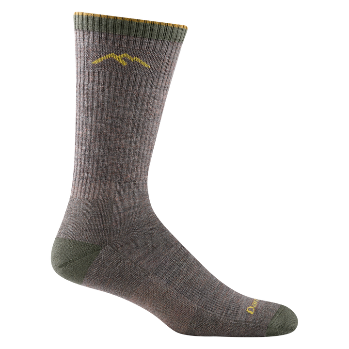 1403 men's hiking boot sock in color taupe with olive green toe/heel accents and yellow darn tough signature on forefoot