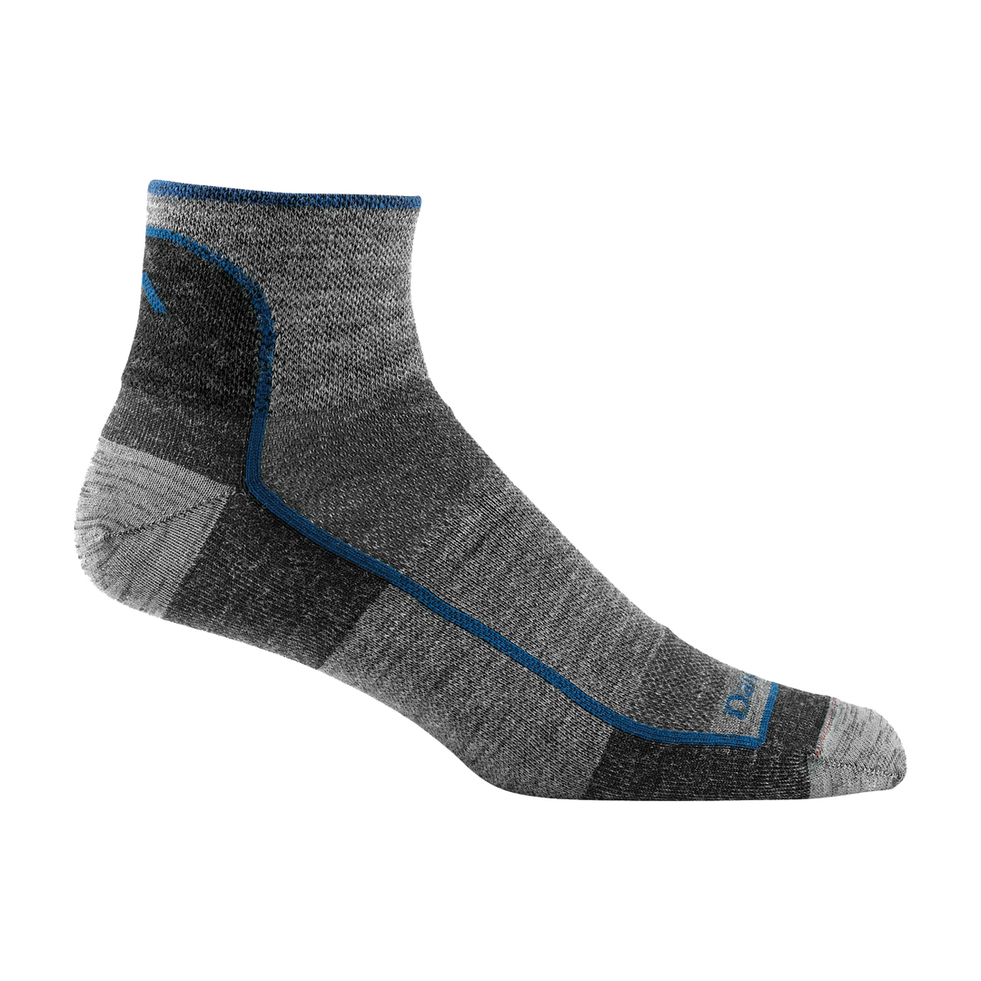 1715 men's quarter athletic sock in color charcoal with light gray toe/heel accents and blue forefoot outline