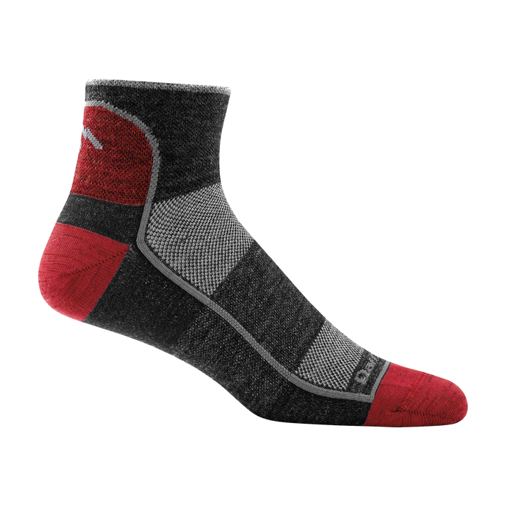 1715 men's quarter athletic sock in color dark grey with red toe/heel accents and light grey forefoot outline