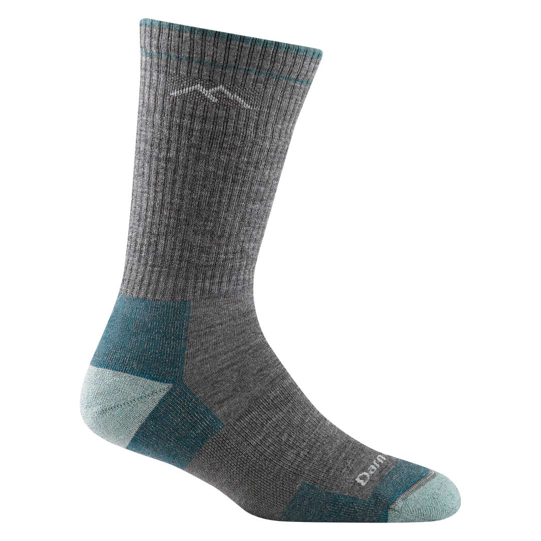 1907 women's hiking boot sock in color slate gray with seafoam toe/heel accents and teal color block details
