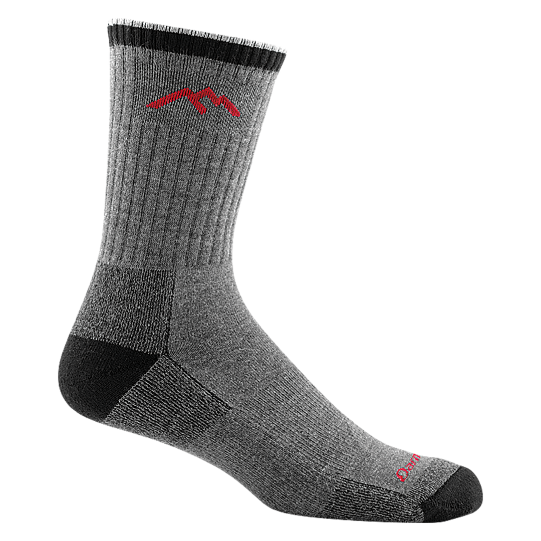 1931 men's coolmax micro crew hiking sock in gray with black toe/heel accents and  red mountain logo