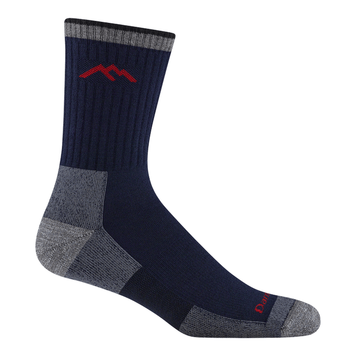 1931 men's coolmax micro crew hiking sock in Navy with gray toe/heel accents and red mountain logo