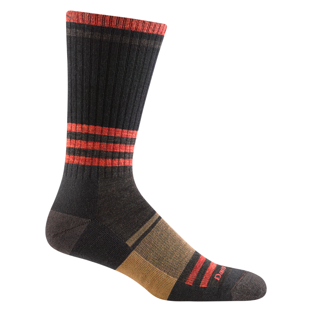 1952 men's spur boot hiking sock in hickory brown with tan forefoot block and red horizontal leg striping