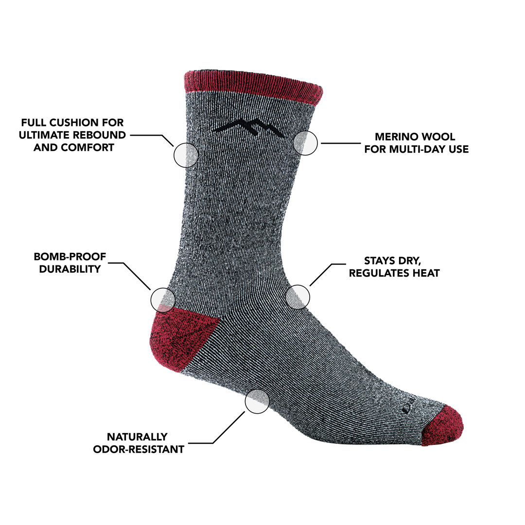 Image of Men's Mountaineering Micro Crew Hiking Sock in Smoke calling out all of the features of the sock