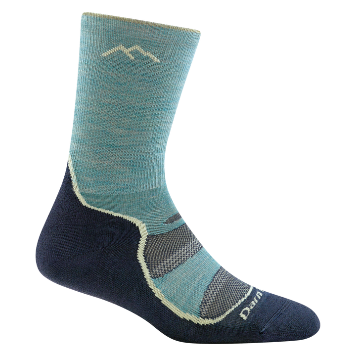 1967 women's light hiker micro crew hiking socks in aqua with navy blue bottom and seafoam green stripe on forefoot