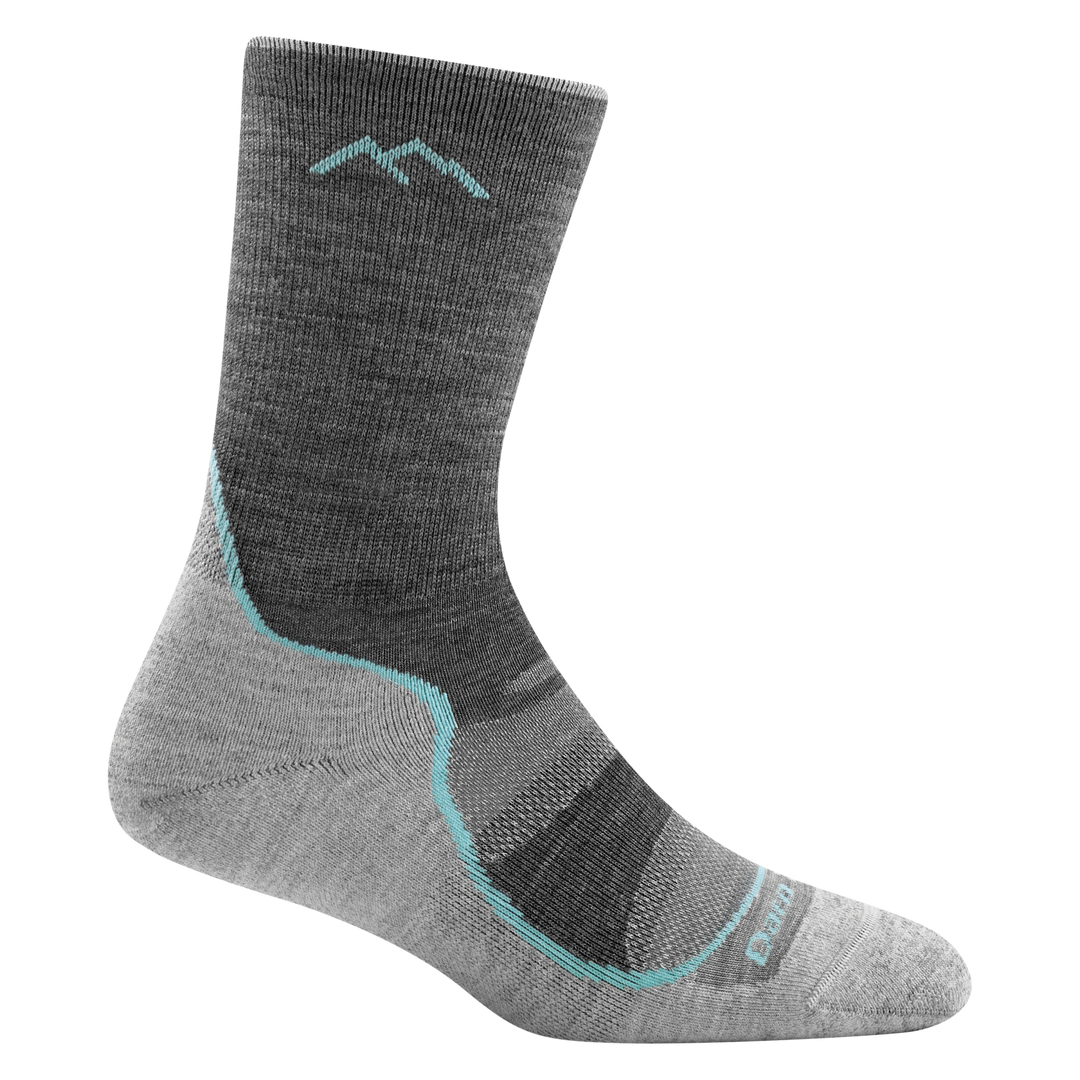 1967 women's light hiker micro crew hiking socks in color slate gray with light gray bottom and light blue stripe