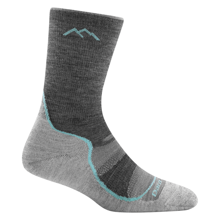 1967 women's light hiker micro crew hiking socks in color slate gray with light gray bottom and light blue stripe