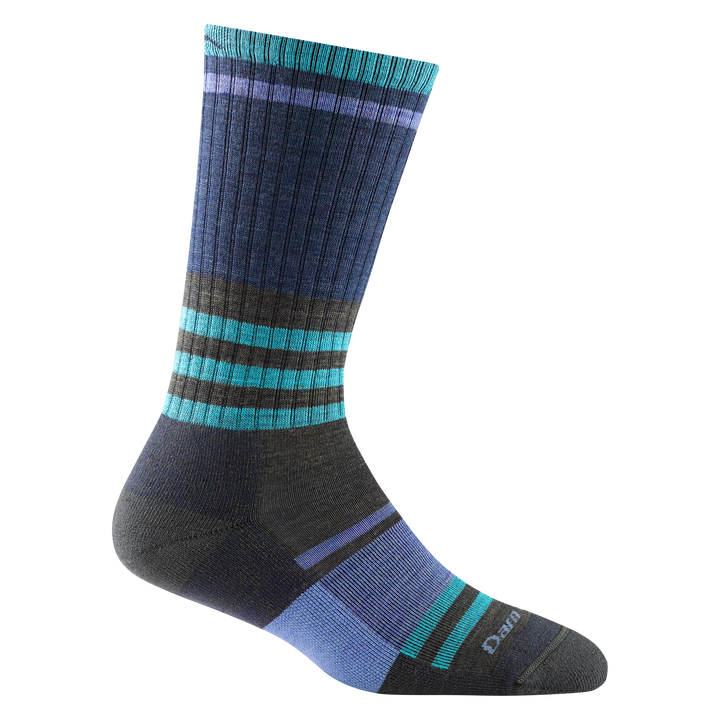 1969 women's her spur boot hiking sock in color gray with purple color block on forefoot and light blue striping