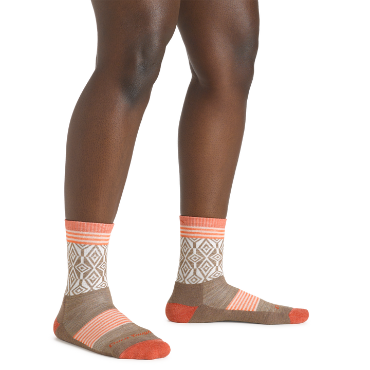 Image of a woman's legs on a white background wearing Women's Sobo Micro Crew Lightweight Hiking Socks in bark colorway