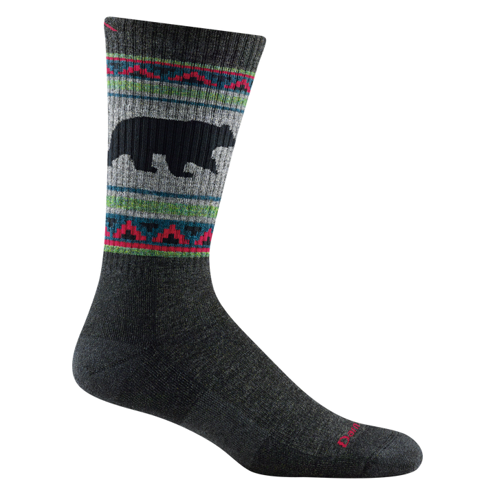 1980 men's vangrizzle boot hiking sock in color charcoal with green/blue/red striping around calf and black bear design