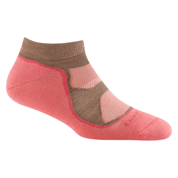 1987 women's light hiker no show hiking sock in Canyon with pink underfoot and bark forefoot outline