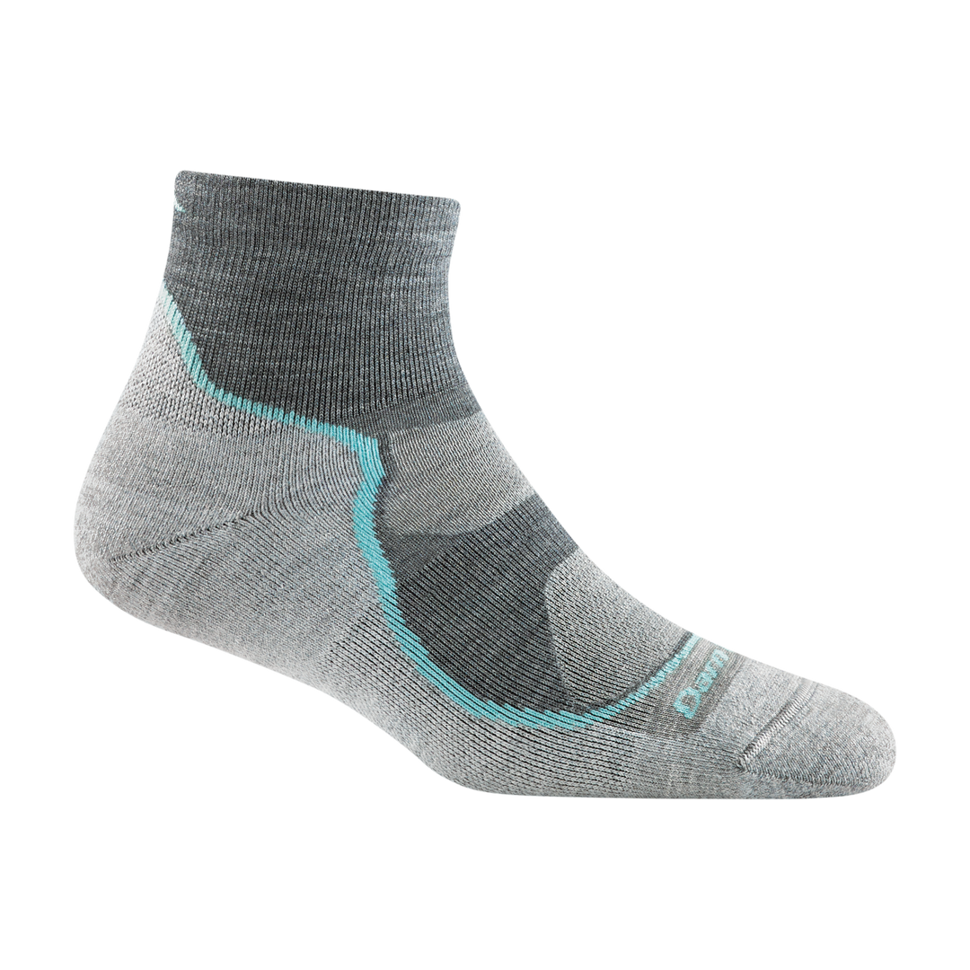 1987 women's light hiker quarter hiking sock in slate gray with light blue stripe down forefoot and dark gray ankle