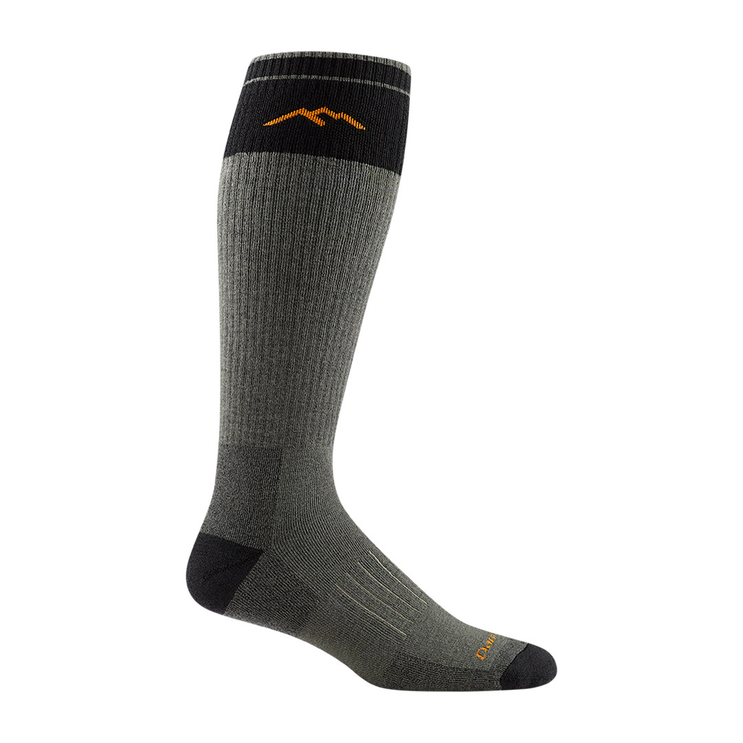 2013 unisex over-the-calf hunting sock in forest green with black toe/heel accents and orange mountail detail on calf