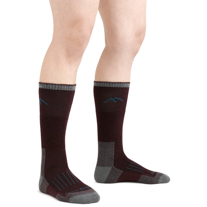 Midweight Women's Hunting Boot Socks in Burgundy on foot