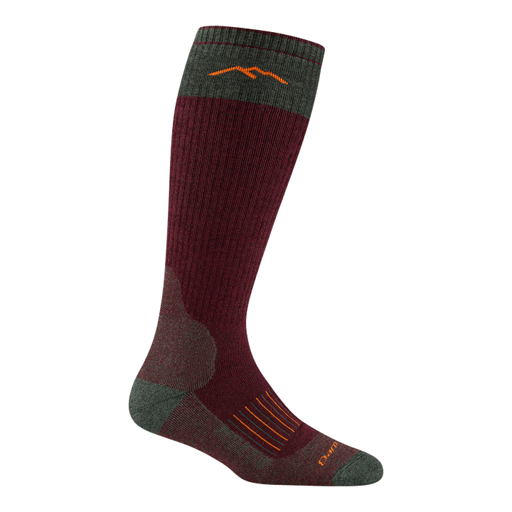 2105 women's hunting over the calf sock in ember with heather green toe/heel and color block on top-half of calf with orange logo and striping on top of foot