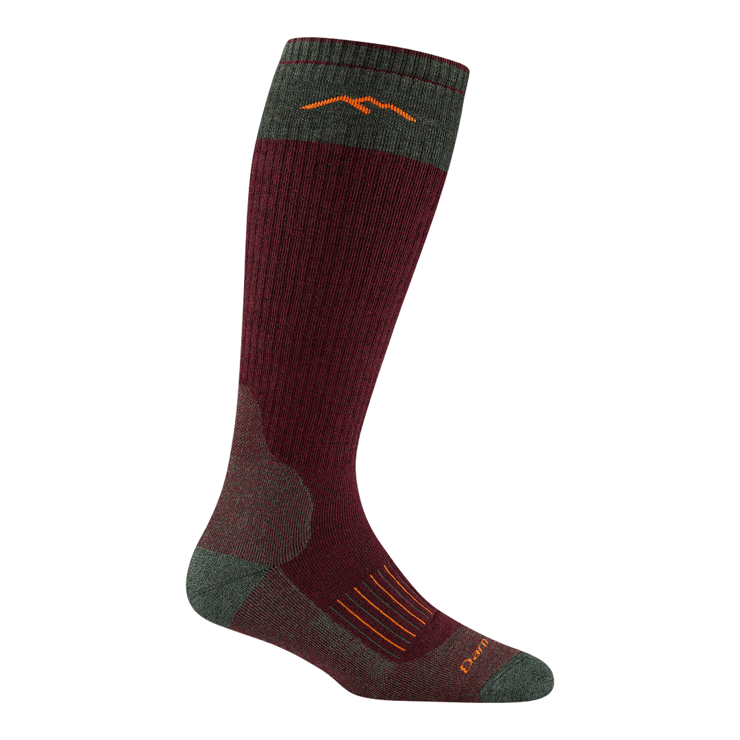 2105 women's hunting over the calf sock in ember with heather green toe/heel and color block on top-half of calf with orange logo and striping on top of foot