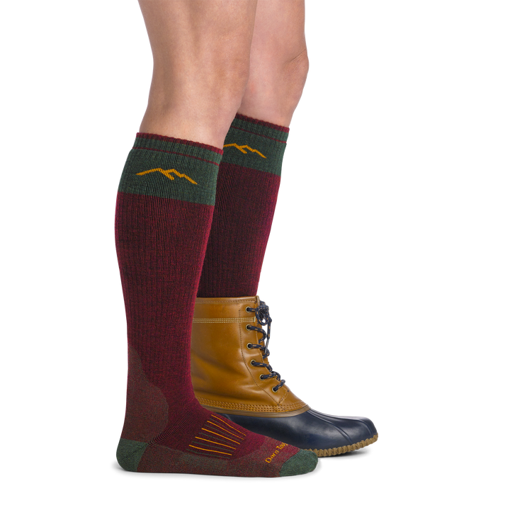 on model image side view back foot in boot wearing the 2105 hunting over the calf sock in ember colorway
