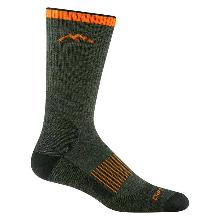 Product image of 2111 Men's Hunting Midweight Boot sock with Cushion in Forest colorway featuring orange cuff and Darn Tough logo and word mark accents.