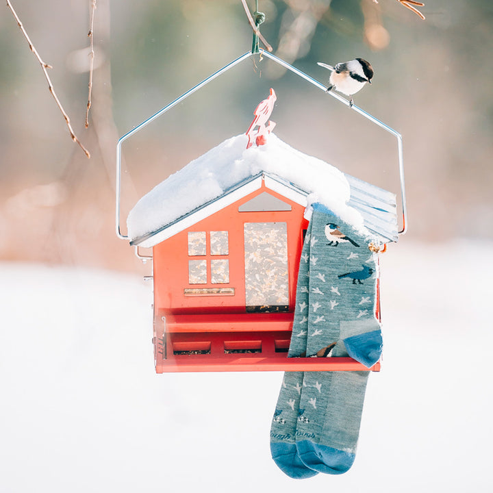 Lifestyle portrait of a pair of Twitterpated socks in seafoam resting on a coral-colored bird house with a chickadee on top.