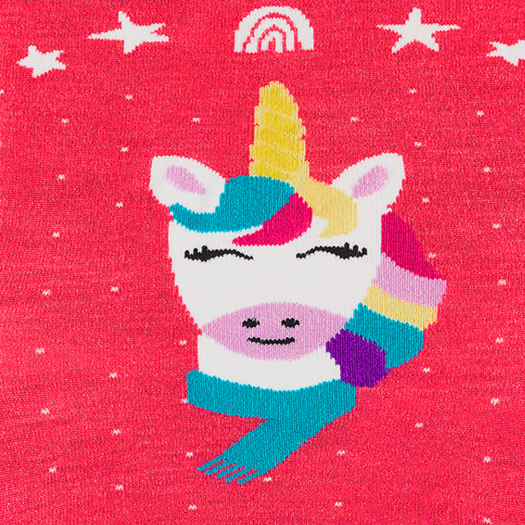 Call out detail image of the of the 3807 Raspberry front image of the smiling unicorn