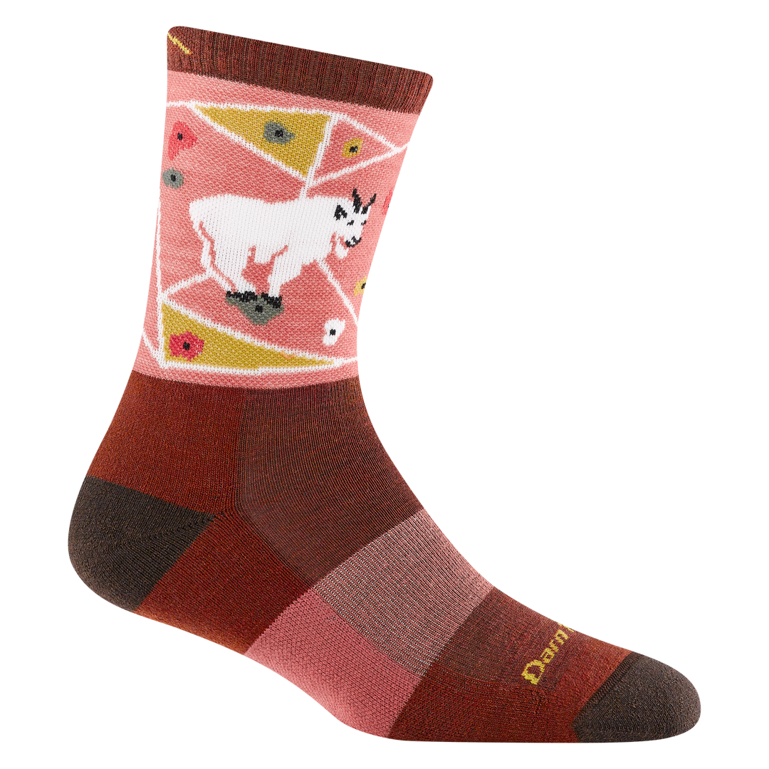 5001 women's critter club micro crew hiking sock in canyon with brown toe/heel accents and a ram on a climbing wall