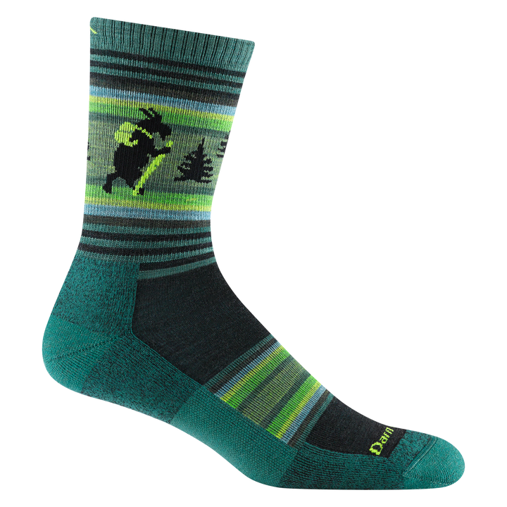 5003 Willoughby in willow featuring a hiking goat on ankle with a green toe/heel, yellow blue and green stripes on top of foot