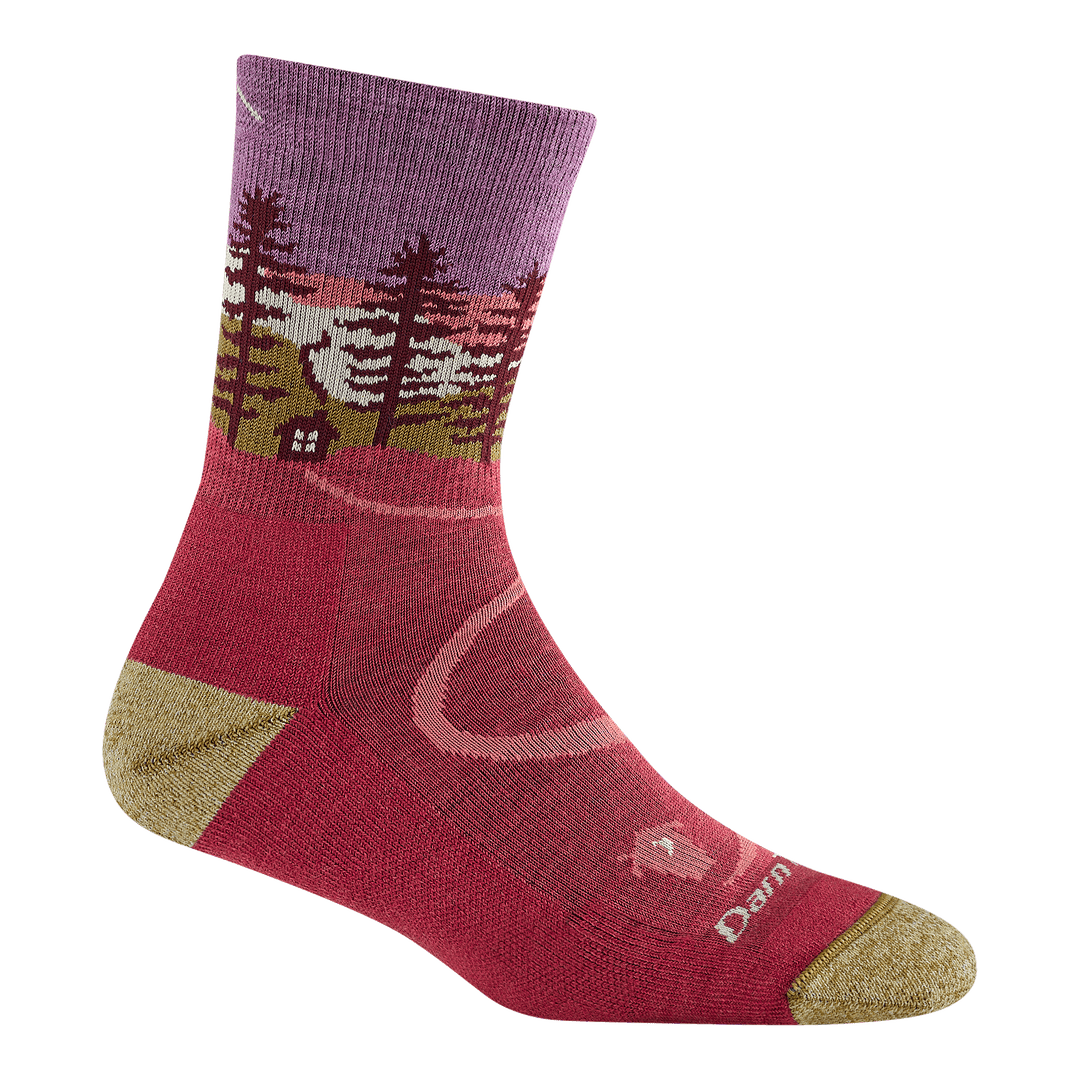 5013 women's northwoods micro crew hiking sock in cranberry with a yellow heather toe/heel accents and cabin and tree design on the ankle