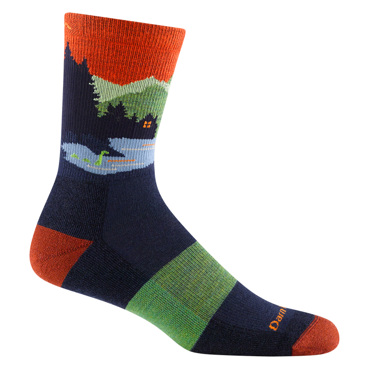 5014 Close encounter Micro crew midweight hiker in Eclipse featuring a lake cabin scene with loch ness in the water orange toe/heel