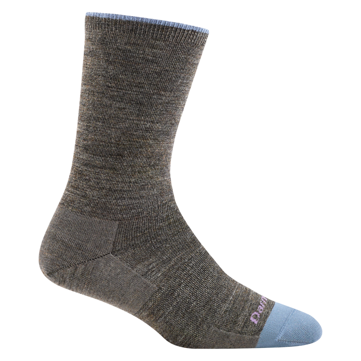 6012 women's solid basic crew lifestyle sock in taupe with light blue toe accent and pink darn tough logo on forefoot