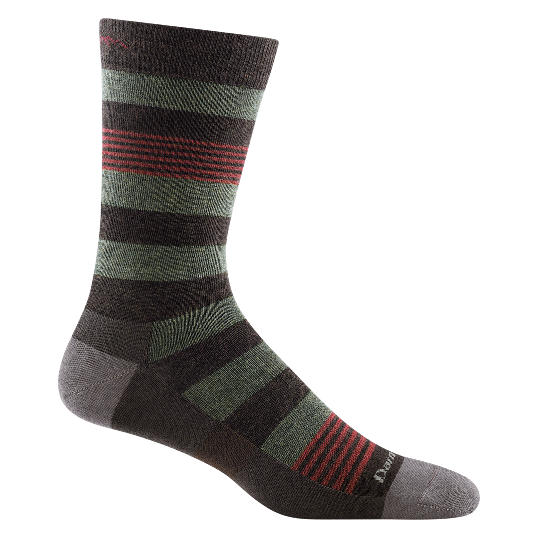6033 men's oxford crew lifestyle sock in color brown with grey toe/heel accents and black, green, and red striping