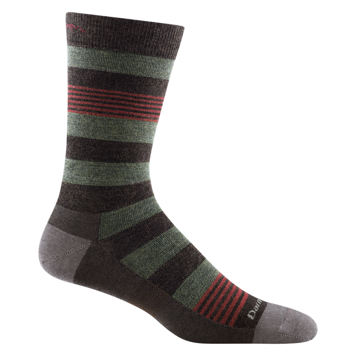 6033 men's oxford crew lifestyle sock in color brown with grey toe/heel accents and black, green, and red striping