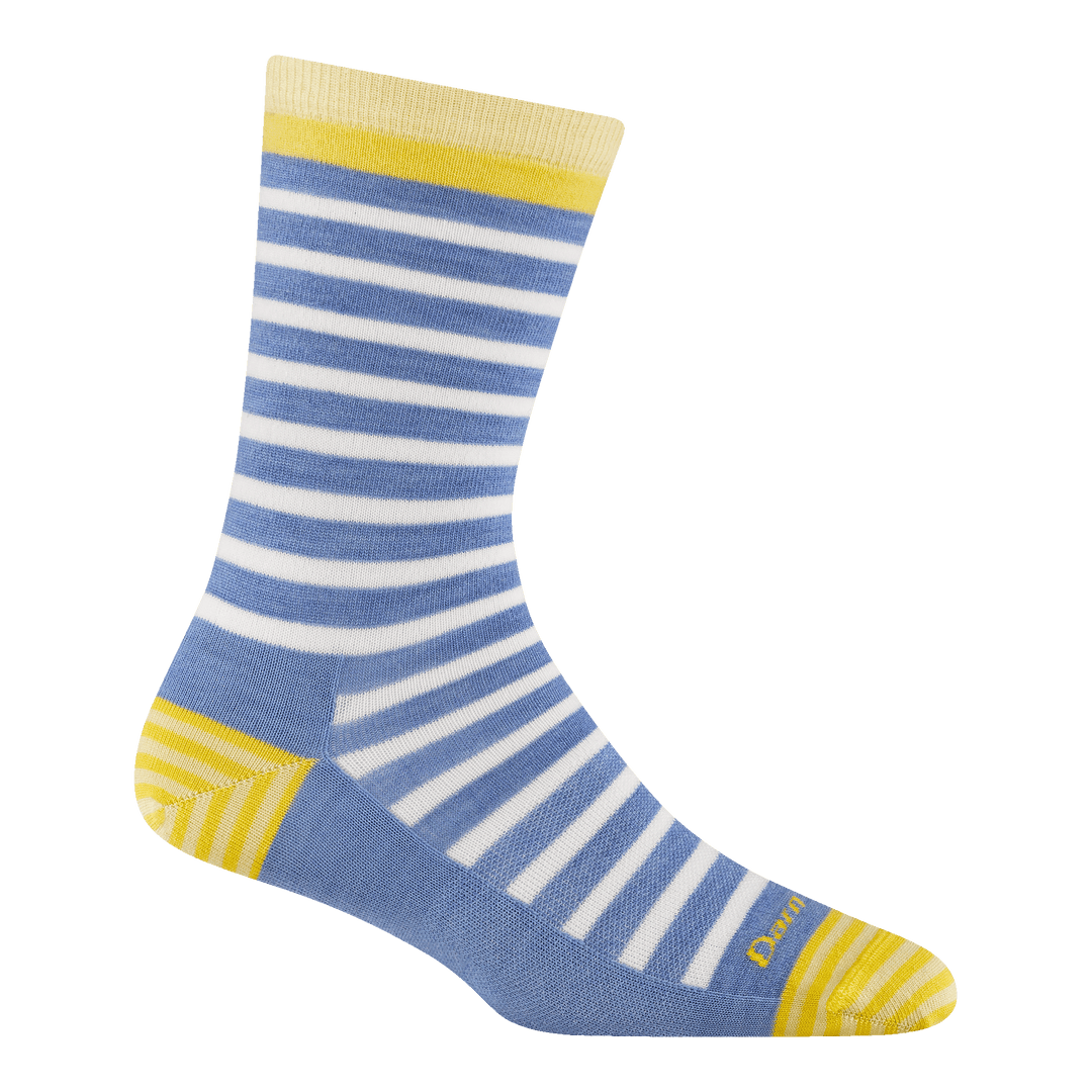 6039 women's morgan crew lifestyle sock in color country blue with yellow striped toe/heel accents and blue/white stripe body stripes