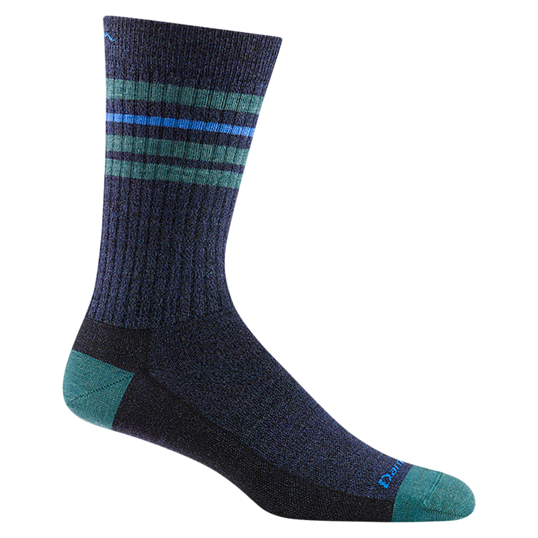 Product shot of 6069 Men's Letterman Crew Sock in Denim colorway featuring green and blue stripes around cuff and green heel and toe accents.