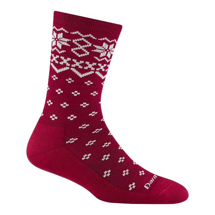 6088 women's shetland crew lifestyle sock in burgundy with white traditional holiday print on forefoot and ankle